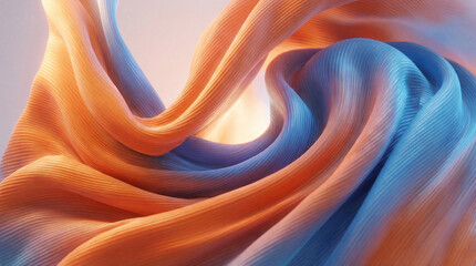 Swirling fabric in shades of orange and blue under soft lighting creates a delicate visual effect in a simple space