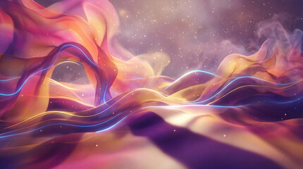 Colorful swirling patterns create a vibrant scene in an abstract space with flowing shapes and wavy lines under soft light