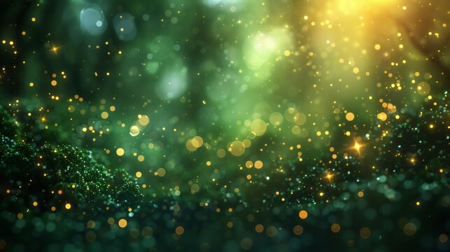 Abstract green background with golden bokeh light effect. Mystical forest concept. Magical fantasy nature backdrop for various celebratory designs. - Powered by Adobe