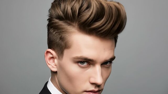 Elegant male grooming transformation with stylish pompadour haircut