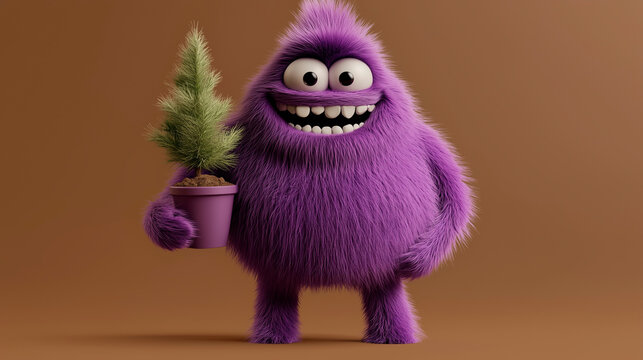 3D purple furry anthropomorphic character holding a pine seedling on a brown background