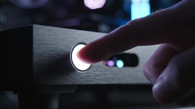 CloseUp of a Human Finger Pressing a Glowing Blue Power Button on a Brushed Metal Electronic Device in Dark Ambience With Soft Bokeh Lights in Background