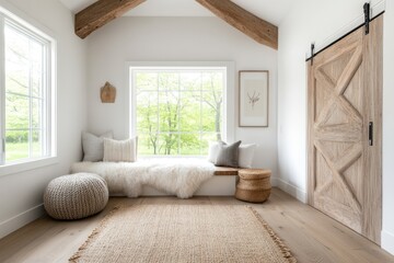 Fototapeta premium Home Interior with Cozy Reading Spot and Soft Decorative Textiles