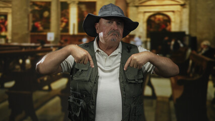 Man fisherman in hat and vest points both fingers down at vest in a building; determination...