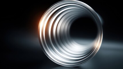 Abstract metallic tube reflecting light, showcasing circular patterns, ideal for backgrounds or commercial design, emphasizing simplicity and elegance.