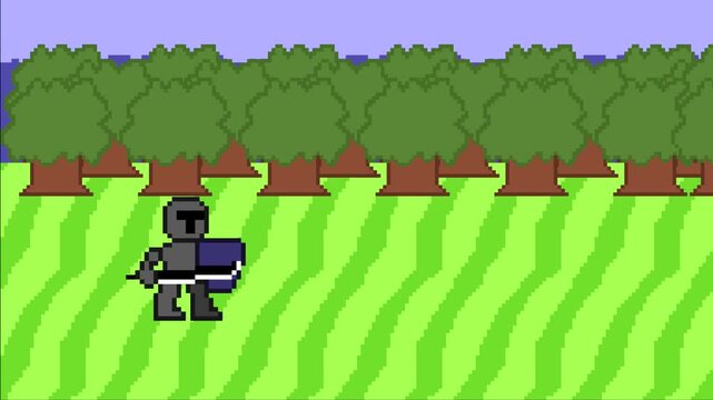 Pixel art animation of a knight walking through a green forest. 32 bits.
