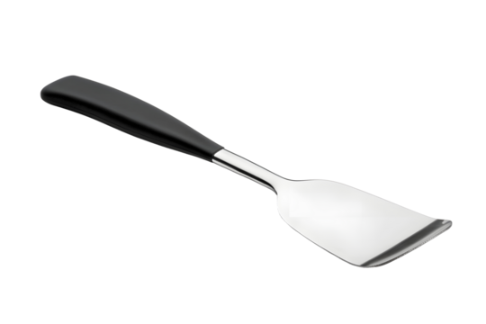 One metal spatula with black handle isolated on white