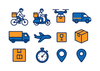 Delivery and logistics icons featuring bikers, drones, and vehicles in flat design