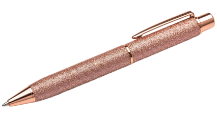 Stylish retractable ballpoint pen featuring a shimmering rose gold glitter finish, an elegant writing instrument on a clean white backdrop