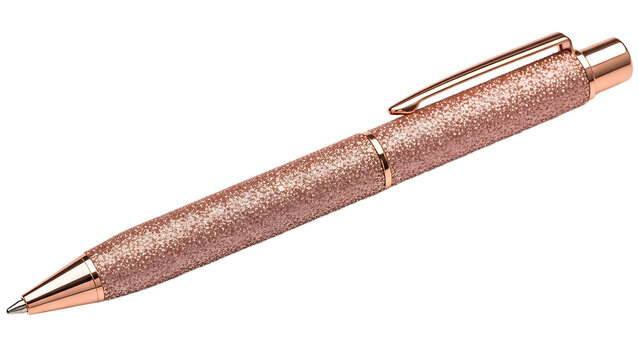 Stylish retractable ballpoint pen featuring a shimmering rose gold glitter finish, an elegant writing instrument on a clean white backdrop