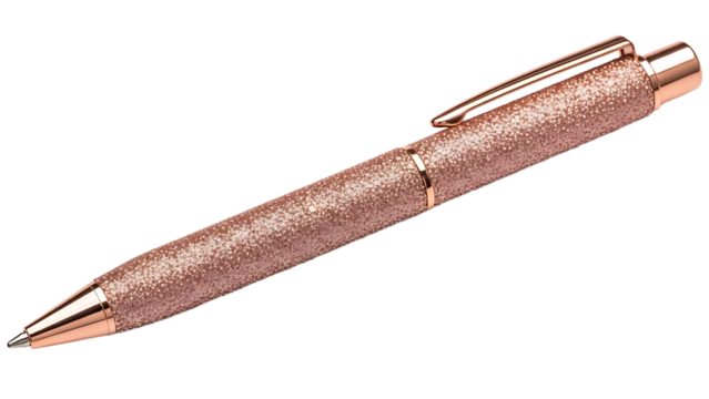 Stylish retractable ballpoint pen featuring a shimmering rose gold glitter finish, an elegant writing instrument on a clean white backdrop