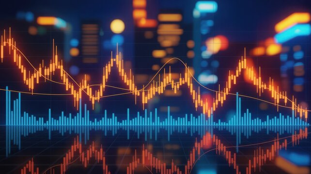 Abstract financial graph charts symbolizing market trends and economic growth. The graphs are glowing over a blurred background