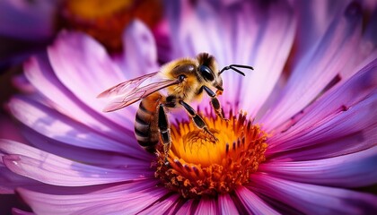 macro shot of a honeybee pollinating a vibrant purple flower