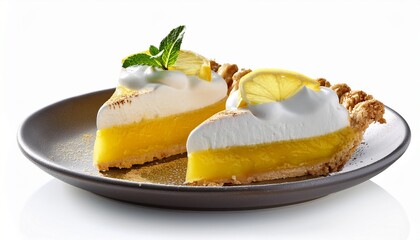 delicious slices of lemon pie with creamy topping on white background