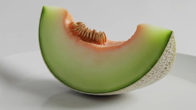 Captivating close-up of a rotating fresh cantaloupe slice on a clean white background