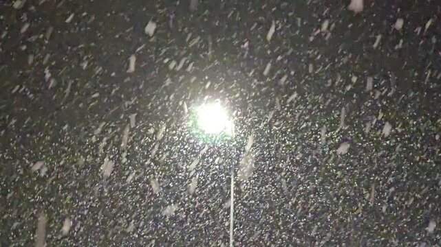 heavy snowfall at night in the light of a bright street lamp