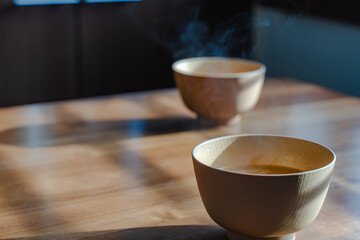 Steaming miso soup morning
