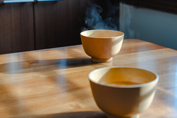 Steaming miso soup morning
