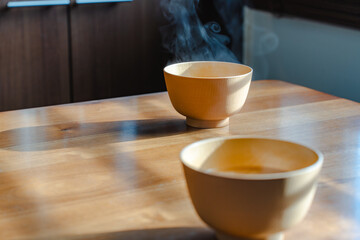 Steaming miso soup morning
