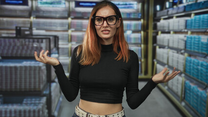 Woman wearing large glasses, arms crossed revealing bare midriff while standing in a stocked supermarket aisle inside a retail building; skepticism.