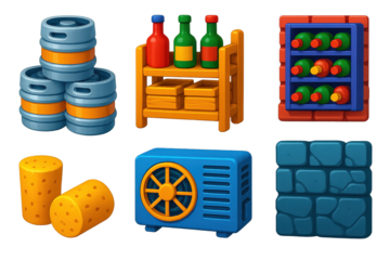 Cellar Storage Icons. 3D icon set of cellar storage: stacked kegs, wooden shelves, bottle rack, corks, cooling unit, stone wall. A