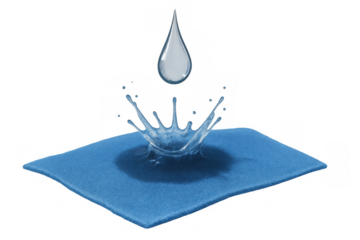 Water drop splashing on blue waterproof fabric surface demonstrating liquid repellency and protective technology