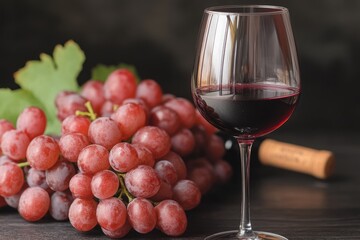 Cozy Kitchen: Glass Of Red Wine And Fresh Grapes On Wooden Table