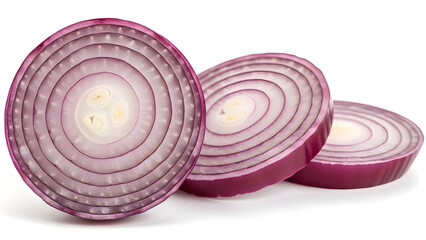 Sliced red onions showing concentric rings on a white background close up view