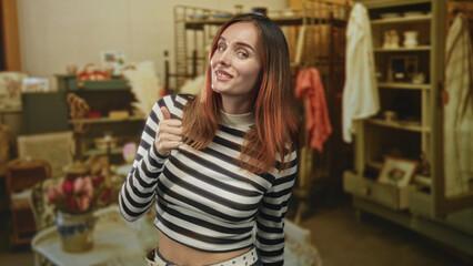 Woman giving thumbs up gesture in a vintage shop building, striped crop top and exposed midriff visible while smiling at camera; approval.