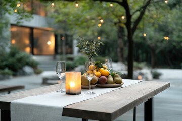 Vibrant outdoor dining table with fruit and glassware