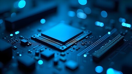 High tech microchip on illuminated motherboard, futuristic digital processor, advanced semiconductor circuit, modern electronic hardware in blue cyber technology background