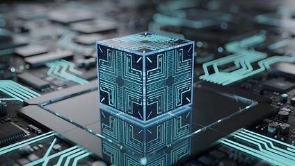 Futuristic digital cube on advanced circuit board, glowing cyber technology design, high-tech electronic system, AI data processing and modern computing concept