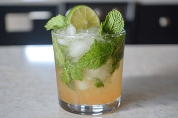 Refreshing mojito with lime slices and mint garnish