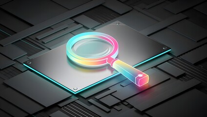 Colorful neon magnifying glass on futuristic digital surface, research and analysis concept, modern technology search symbol, data investigation and exploration design