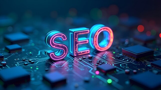 Neon SEO letters on futuristic digital circuit board, glowing search optimization concept, modern online marketing technology, high-tech cyber background for advertising
