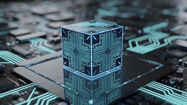 Futuristic digital cube on advanced circuit board, glowing cyber technology design, high-tech electronic system, AI data processing and modern computing concept