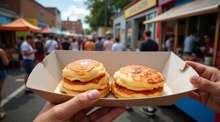 Person holding fresh Korean hotteok pancakes at a street food market. Traditional asian k-food snack at an outdoor summer festival
