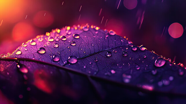 Raindrops on a vibrant purple leaf, creating a serene and captivating display AI Generative