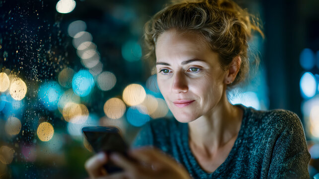 Woman using her phone by a rain-streaked window, illuminated by city lights, creating a cozy and tech-integrated night scene. - Powered by Adobe