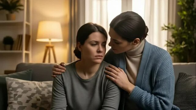 Woman consoling another sad woman at home. Supporting friendship and empathy concept.