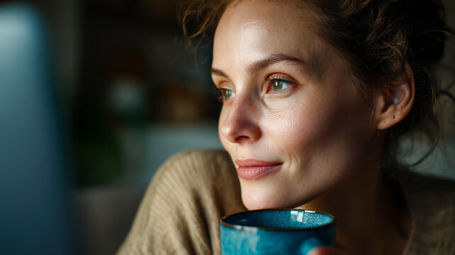 Portrait of a contemplative woman gazing out of the window while holding a cup, lost in her thoughts, exuding serenity and tranquility. - Powered by Adobe