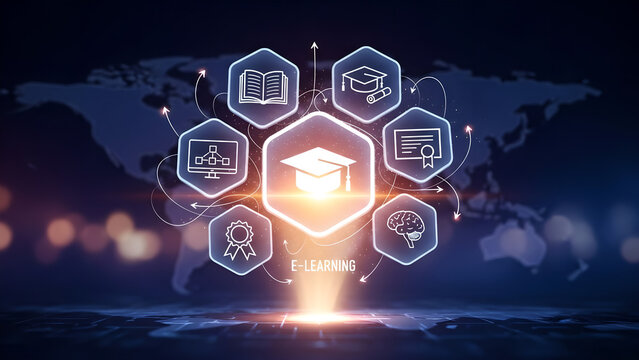 Online Education E-learning Digital Learning Icons Blue Global