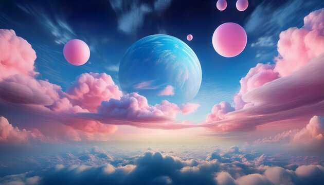 pink and blue celestial cloudscapes with large vibrant orbs