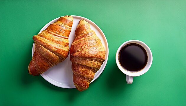 fresh croissants and coffee on a vibrant green surface