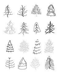 Collection of vector, linear trees on a white background. Hand drawn doodle Christmas trees, bushes, tree collection, black and white . Vector nature illustration.Botanical minimalism.