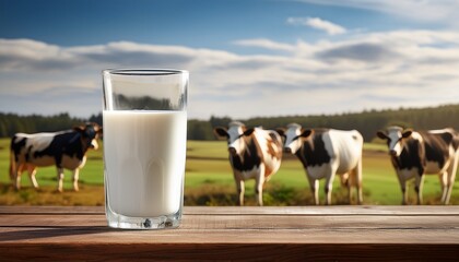 glass of milk on rustic wooden table with cows in background