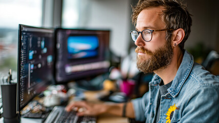 Bearded man with glasses works at dual monitors. He is wearing a denim jacket with a sunflower. Modern and focused creative work.