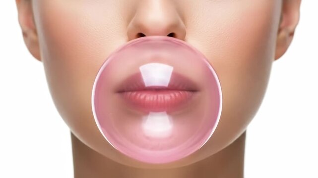 Woman blowing a bubble from bubblegum close up. Caucasian lady with a pink bubble on her lips. Fun chewing gum concept for dental health advertising.
