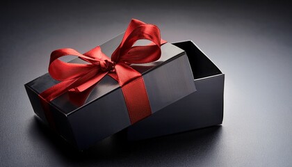 open black gift box with red ribbon