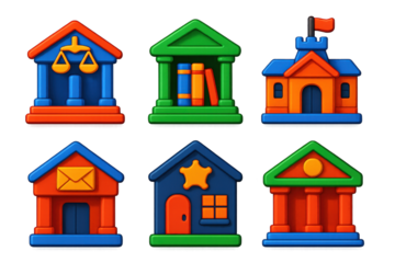 Vivid Civic Icons. 3D icon set of civic buildings: courthouse, library, city hall, museum, post office, police station. A set of